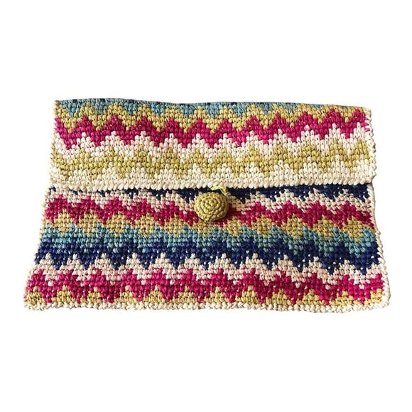 LoveStitch NIP Canary Islands Raffia Zig Zag Clutch Cream Pink Teal Navy Yellow - Picture 4 of 13